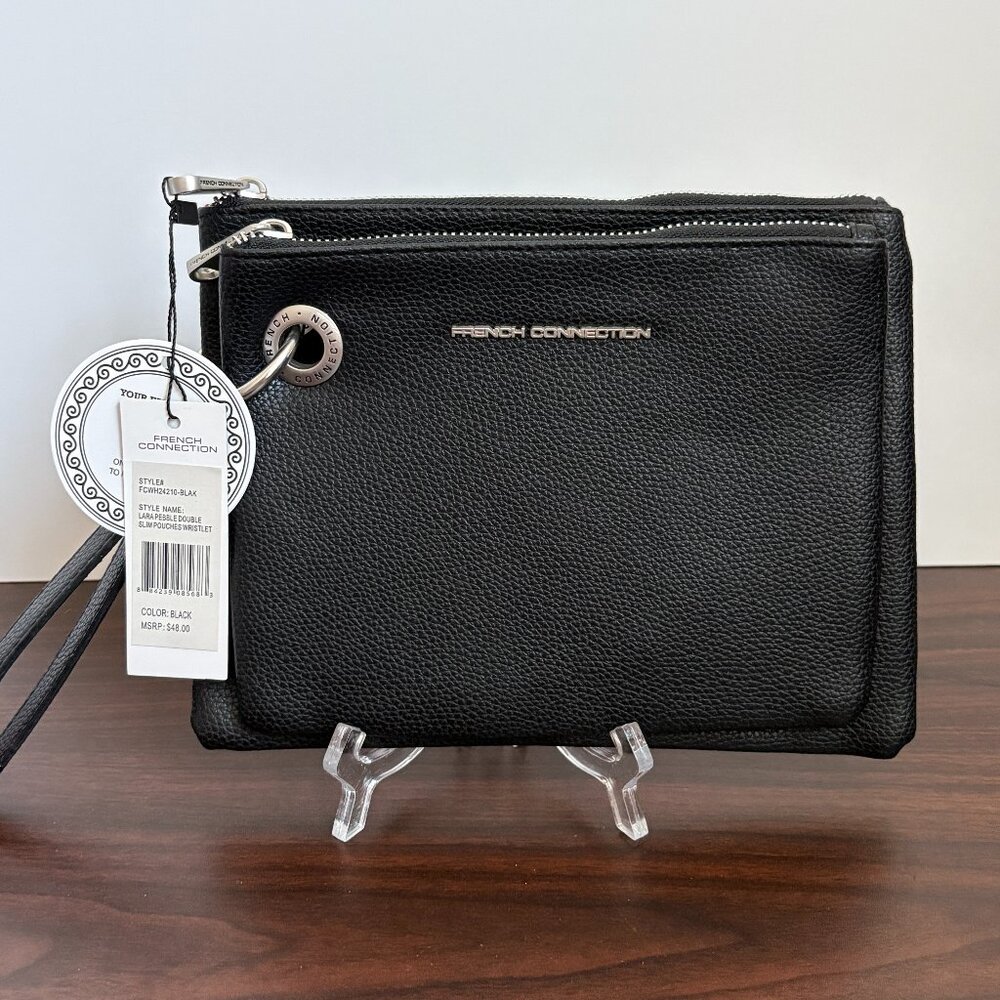 French Connection Lara Pebble Double Slim Pouches Wristlet Black Faux Leather